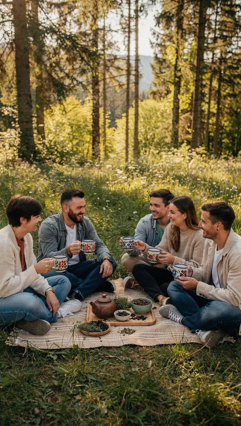 Detailný pohľad na sušené bylinky a koreniny, ktoré sú súčasťou čajovej zmesi.
